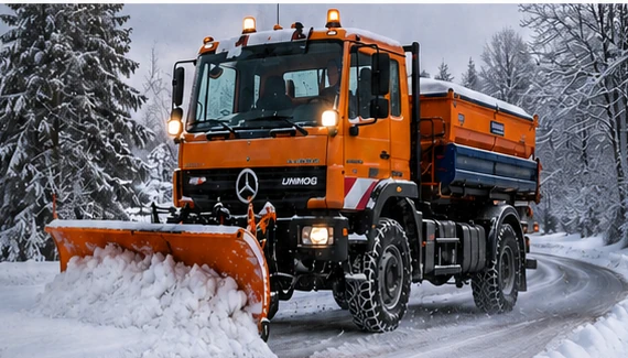 Unimog mit Schneepflug auf verschneiter Fläche